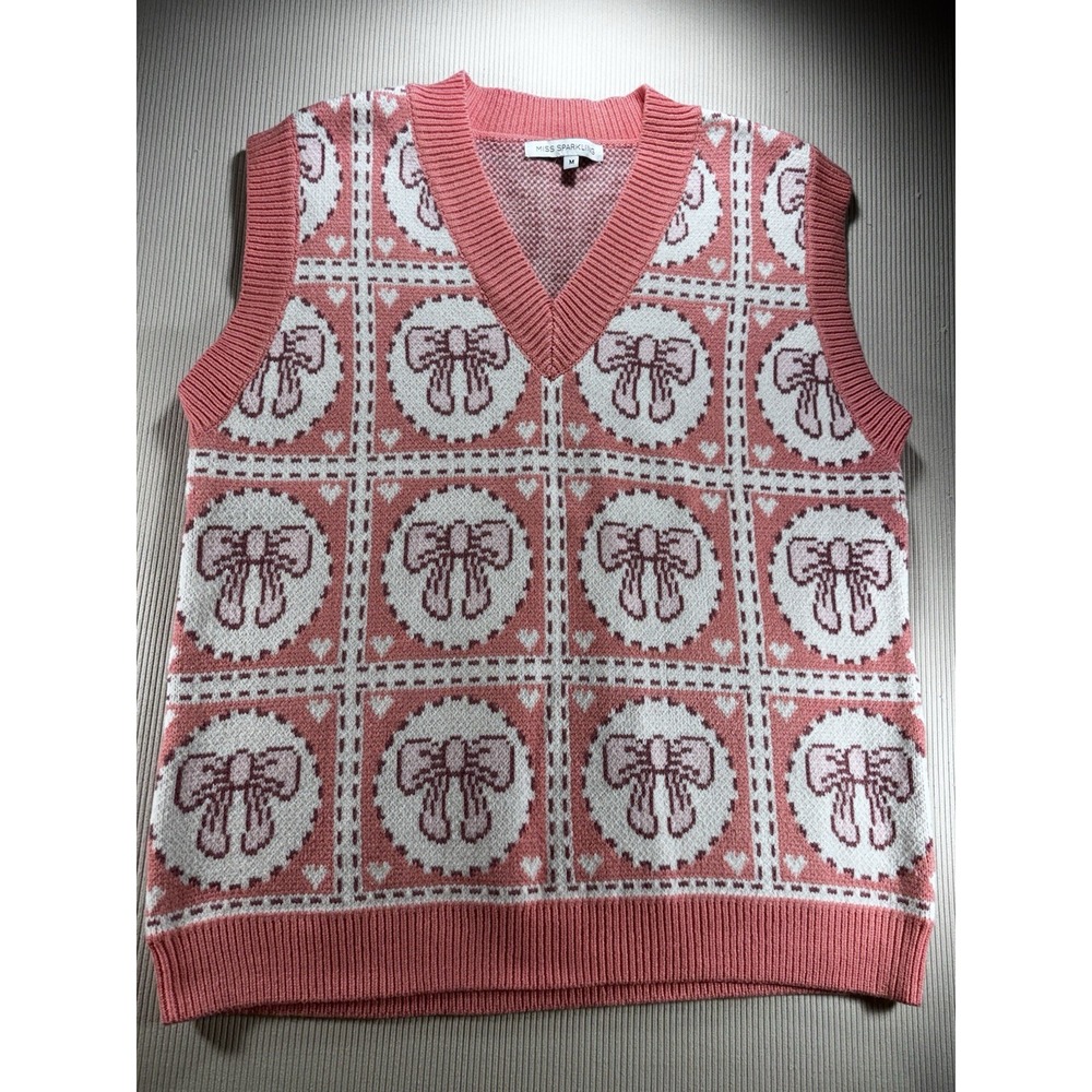 Miss Sparkling Bow Tiled Sweater Vest Y2K Pink S Barbiecore Grandma Core NWOT